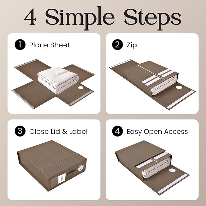 2 Pack Bed Sheet Organizer and Storage, Foldable Storage Organizer for Linen Closet with Viewing Window & Label for Bedding Sheets & Blankets (Queen & King Size) Taupe