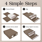 4 Pack Bed Sheet Organizer and Storage, Foldable Storage Organizer for Linen Closet with Viewing Window & Label for Bedding Sheets & Blankets (Queen & King Size) Taupe