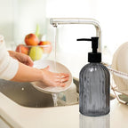 Grey Glass Soap Dispenser with Black Plastic Pump, 13.5oz Refillable Liquid Hand Soap Dispenser, Lotion Dish Soap Dispenser for Modern Home Decor, Bathroom, Kitchen Countertop, Hotel
