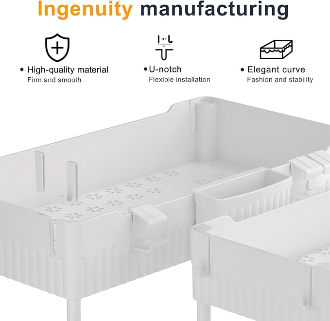 2 Pack Under Sink Organizer, Under Bathroom Cabinet Organizer with Hooks Hanging Cup, Multi-Purpose Storage Shelf for Kitchen Bathroom (White, L)