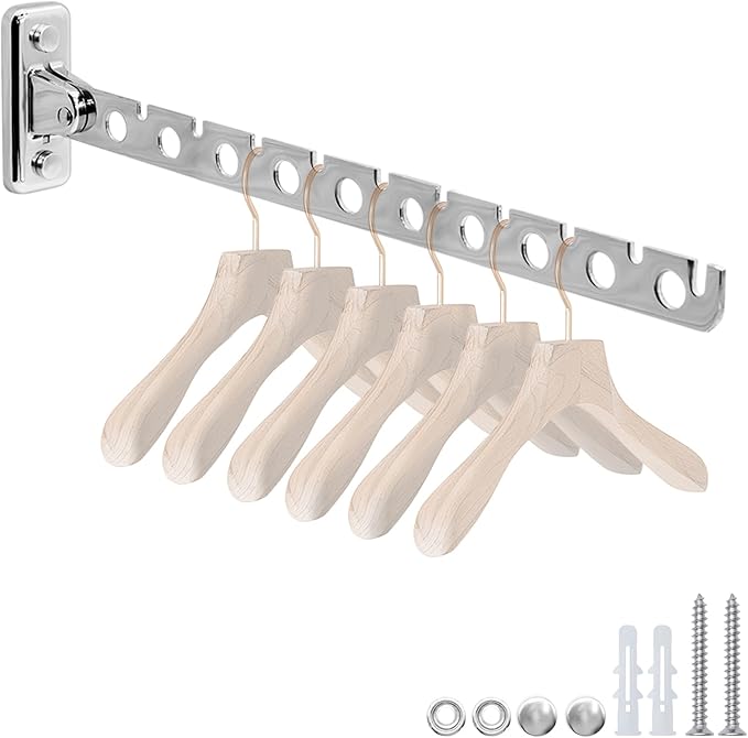 ACNISM Wall Mounted Clothes Rack, Laundry Hanger Wall Mount, Retractable & Foldable Drying Rack with 180° Rotation, Space-Saver for Laundry Room & Bedroom, Bathroom Closet Storage, 1-Pack, Silver