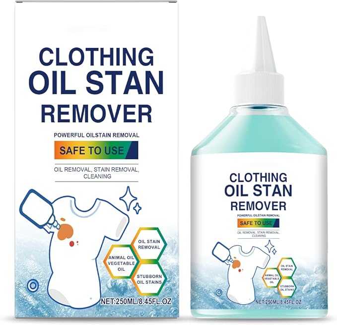 Oil and Stain Remover for Clothes, 8 FL OZ, Gentle Fabric Cleaner, Quick and Easy Grease Removal, Fabric Stain Remover For Cooking, Engine, Dried Oil And Grease Stains, Safe for All Fabric Types