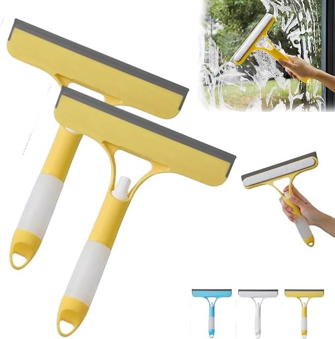 3 in 1 Window Cleaning Scraper, 2025 New Multi-Function Glass Cleaner Squeegee Tool for Shower Glass, Tile, Mirror Cleaning, All-Purpose Spray Function Brush with Ergonomic Handle (Yellow*2)