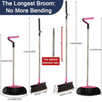 Triangular Indoor Broom and Dustpan Comb Set, 180° Rotating, Soft Bristle Long Handle Upright Sweeping Angled Broom with Self-Cleaning Teeth for Home, Kitchen, Office, Wood Floor (Black Pink)