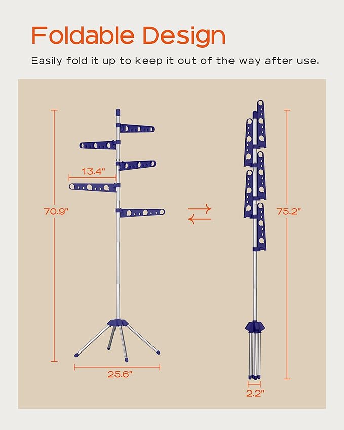 Clothes Drying Rack Foldable, 70.9 inch Tripod Drying Rack for 35 Pieces of Clothes, with Height-Adjustable Rotatable Clothes Rails, Space Saving, Stainless Steel, Blue and Silver CDR005Q01