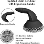 Cast Iron Scrubber with Pan Scraper & Towl, 316 Chainmail Scrubber with Long Handle, Upgraded Chain Mail Scrubber Cleaner for Grill Pan Skillet Wok Carbon Steel Dutch Oven Metal Brush (Black)