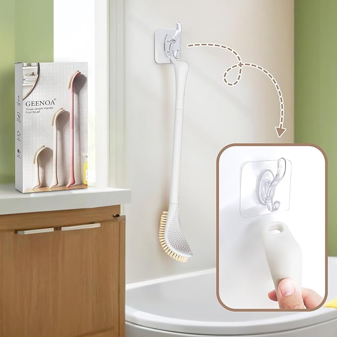 Foot Brush/Foot File/Silicone Body Scrubber Set(3PCS), 3-in-1 Foot Scrubber with Long Handle, 10.2’’-27.5’’Adjustable Foot Scrub Brush with Foot File and Silicone Loofah, Gift-Box(White Set)