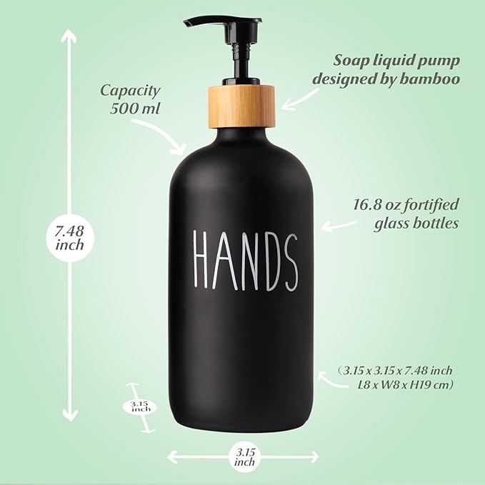 Black Glass Kitchen Soap Dispenser, Detergent Dispenser or Hands Soap Dispenser for Kitchen Sink, Black Soap Dispenser, Modern Farmhouse Decor Dish Soap Pump for Kitchen Organization