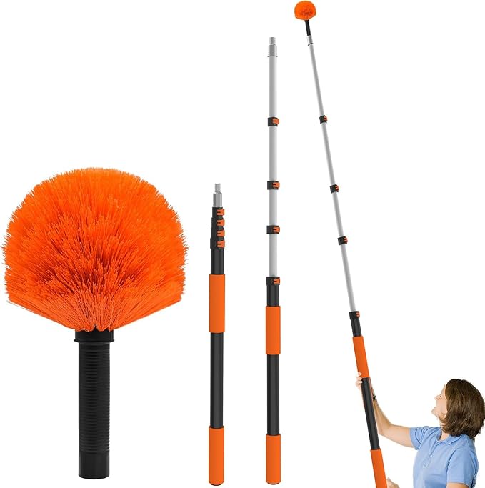 Buyplus 26FT Reach Cobweb Duster, Outdoor Spider Web Cleaner Brush with Professional 5-20FT Extension Pole, Non-Shedding Fluffy Bristles, Suitable for Ceiling and Corner Dusters for Indoor and Outdoor