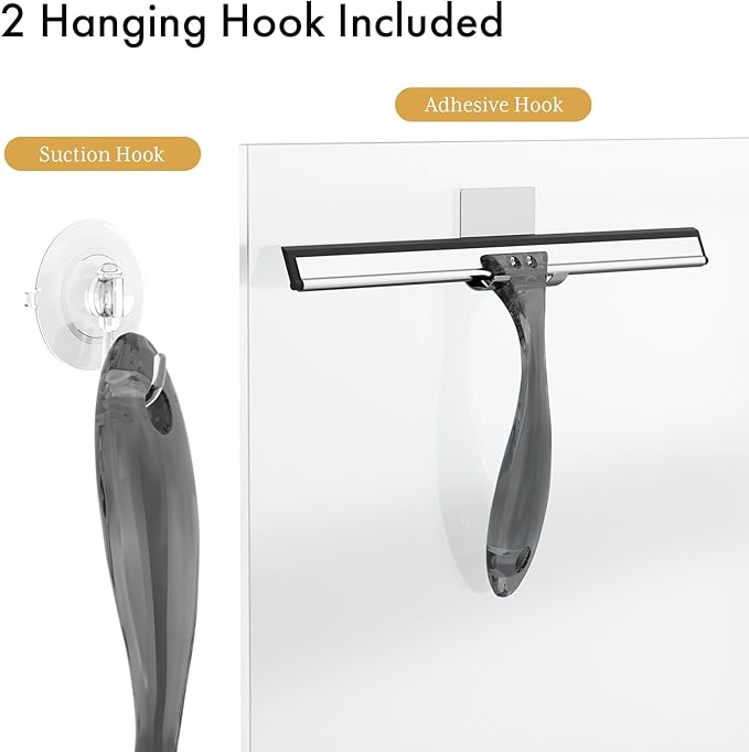 AmazerBath Shower Squeegee for Glass Doors, All-Purpose Squeegee with Suction Hook & Adhesive Hook, Squeegee for Shower Glass, Windows, Mirrors, Tiles and Car Windows - 12 Inches, Clear Black