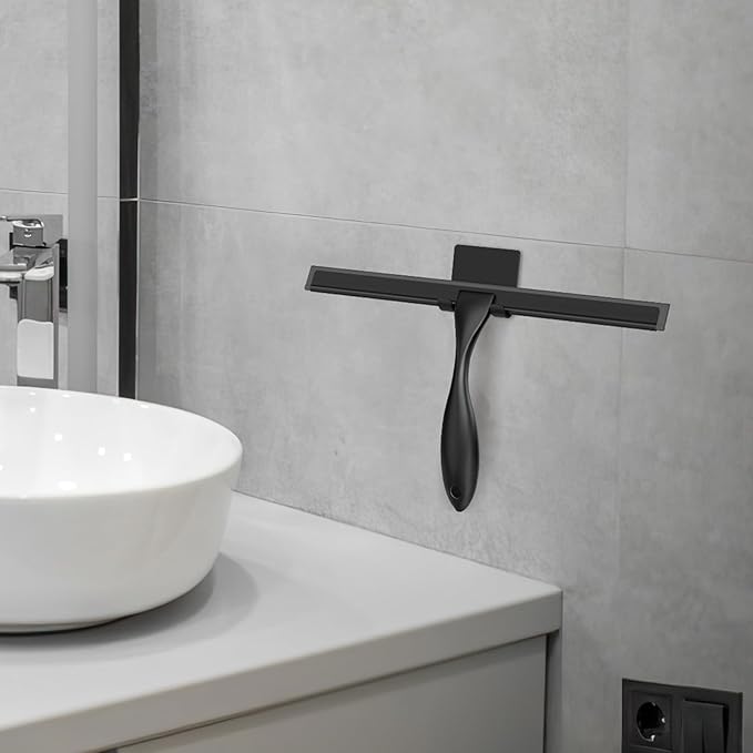 All-Purpose Stainless Steel Shower Squeegee for Glass Doors with Adhesive Hooks, Squeegee for Shower Glass, Bathroom Household Cleaner Tool for Window Mirror Tile Wall Car, 10 Inch Black