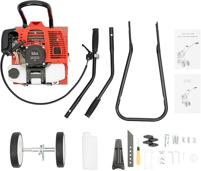 Garden Tiller Cultivator 52CC 2 Stroke Gasoline Powered Land Cultivator Yard Tiller Rototiler for Garden Lawn Digging Weed Removal Soil Cultivation
