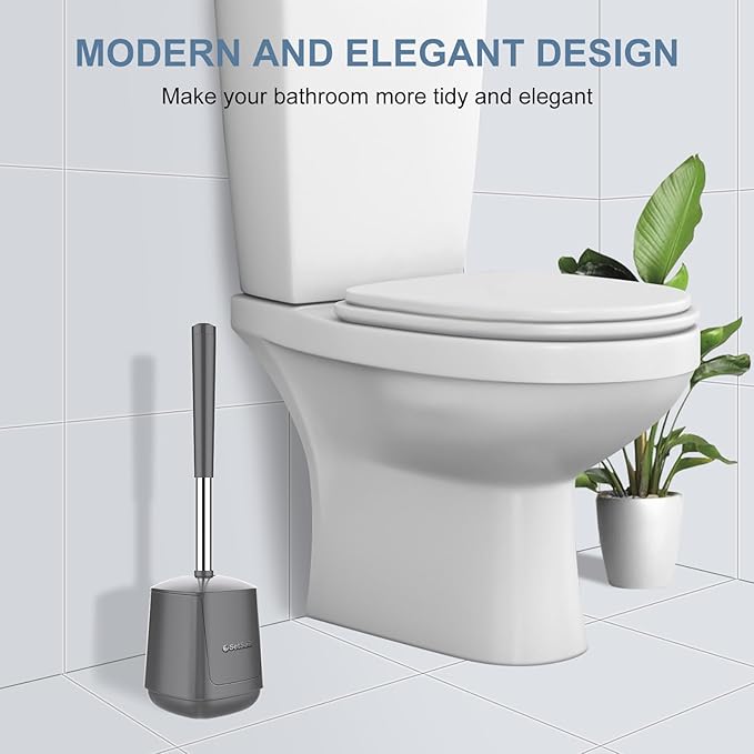 SetSail Toilet Brush and Holder 4 Pack, Self Closing Lid Toilet Bowl Brushes Holder Extra Long Handle Ventilated Toilet Brush Set for Bathroom Cleaning, Nylon Bristles, Grey
