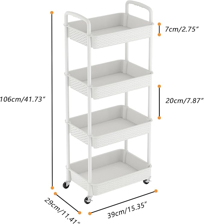 MOYIPIN 4-Tier Plastic Rolling Utility Cart with Handle,Utility Storage Cart for Office, Living Room, Kitchen,Movable Storage Organizer Shelves,White