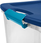 Sterilite 18 Gal Latch and Carry, Stackable Storage Bin with Latching Lid, Plastic Container to Organize Closets, Clear with Blue Lid, 18-Pack