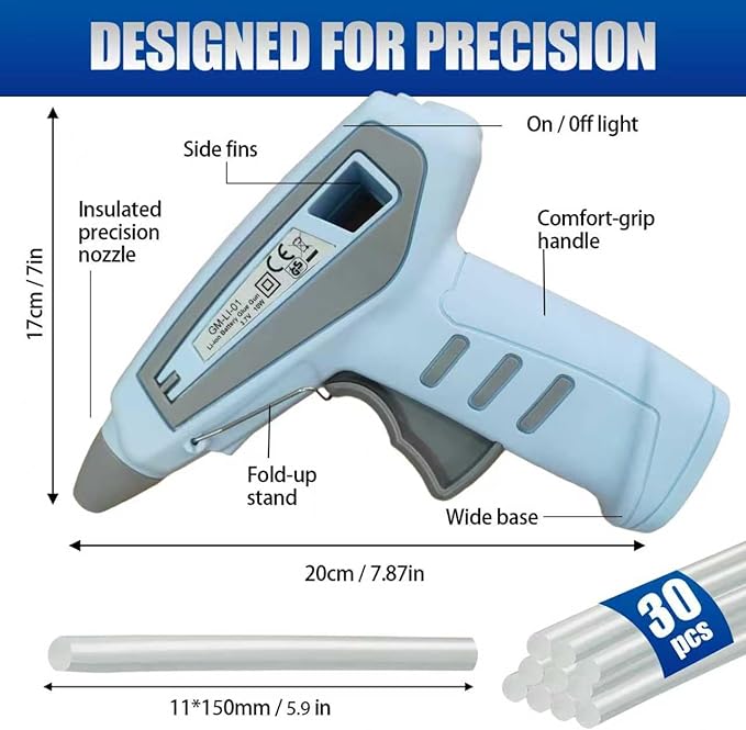 Cordless Hot Glue Gun Kit Includes 30 Hot Glue Sticks, Switch with 10W Drip-proof Design with 15-Second Fast Heating, Suitable for DIY Crafts, Fabric, Wood & Home Repairs (Blue)