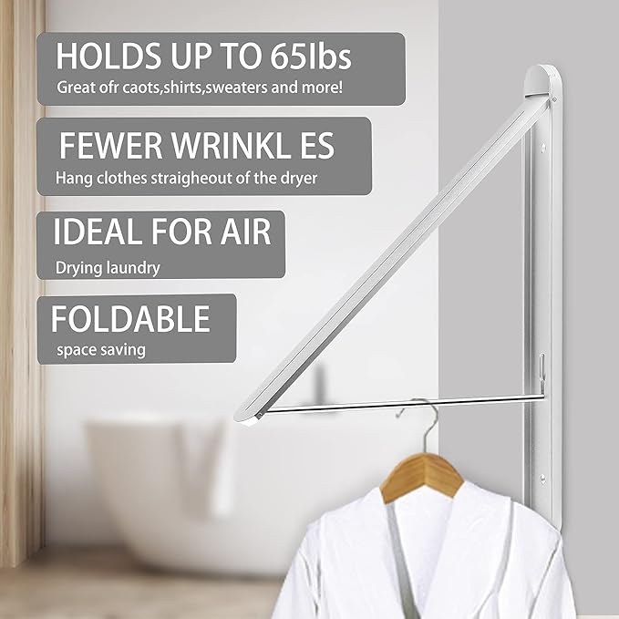 Wall Mounted Clothes Drying Rack - Foldable Indoor Laundry Rack,Space Saving Collapsible Clothes for Bathroom, Dorm, Apartment, RV, Laundry Room Organization.(Silver-Aluminum)