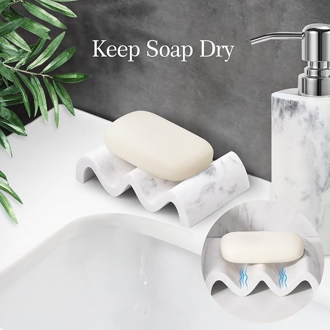 Luxspire Soap Dish, Marble Soap Dish, Self-draining Tray, Soap Holder Saver for Shower, Bathroom, Sink, Kitchen and Countertop, Gravel White