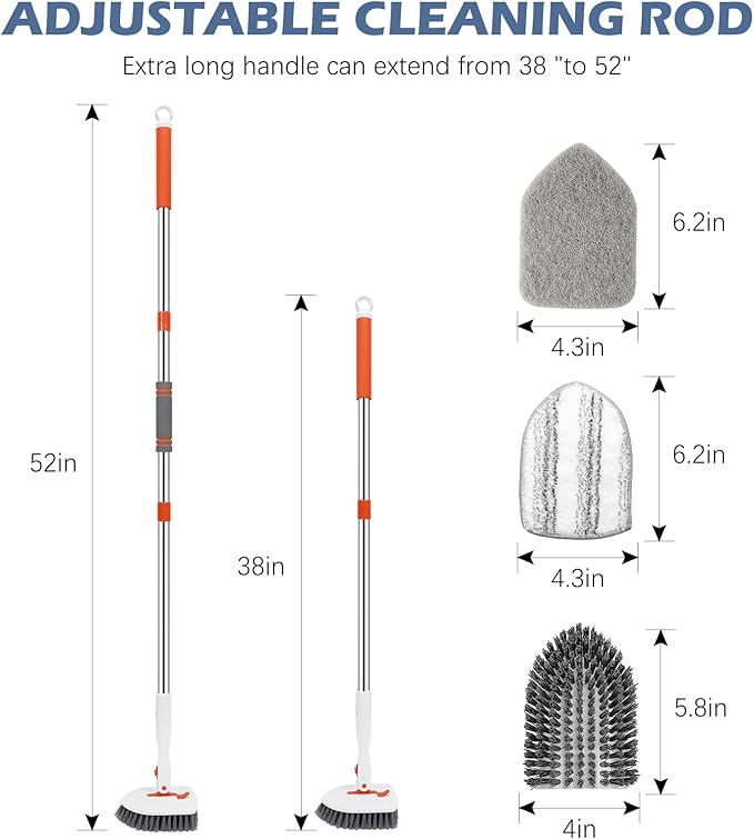 SetSail Floor Scrub Brush, 3-In-1 Tile Tub Floor Scrubber with 52-inch Adjustable Long Handle Shower Cleaner Brush and 3 Detachable Replacement Brush Heads for Cleaning Bathroom Kitchen Walls Tub Tile