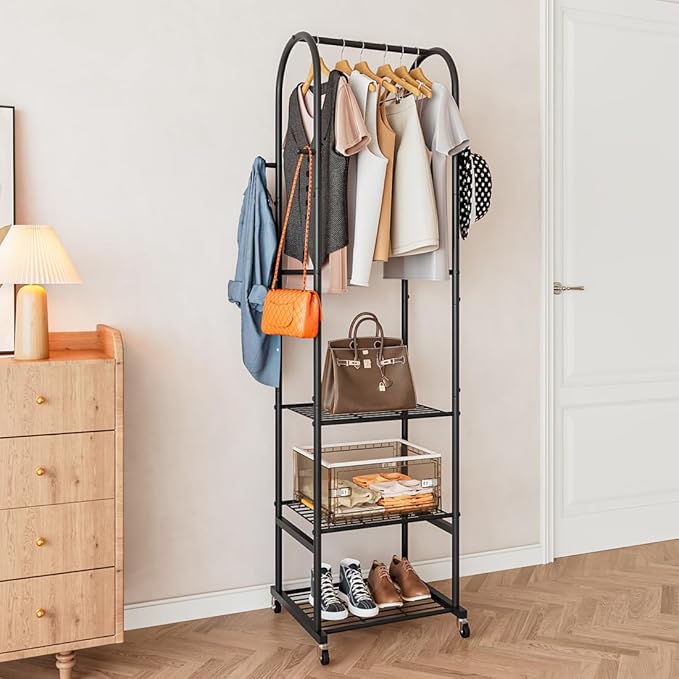 Clothes Rack With Wheels and 3-Tier Metal Shelves,Clothing Rack For Hanging Clothes With 4 Hooks,Garment Rack Wardrobe Organizer for Small Space,Black (black, 16.54 * 18.23 * 72.05)