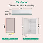 TokeShimi 14x24 Bathroom Mirror with Storage Tempered, Aluminum White Recessed Medicine Cabinet with Mirror Frameless Stepless Adjustable Shelf, Surface Mount Medicine Cabinet for Bathroom
