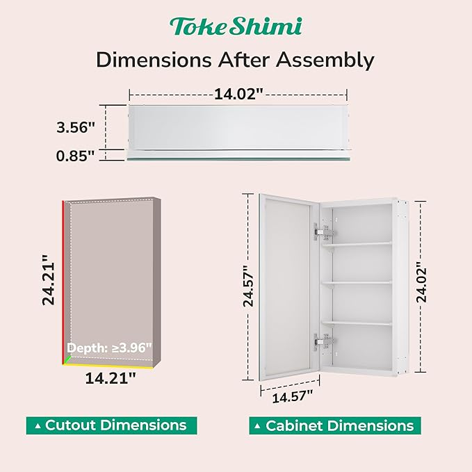 TokeShimi 14x24 Bathroom Mirror with Storage Tempered, Aluminum White Recessed Medicine Cabinet with Mirror Frameless Stepless Adjustable Shelf, Surface Mount Medicine Cabinet for Bathroom