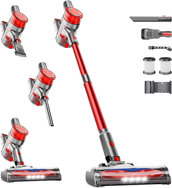 Cordless Vacuum Cleaner, 35Kpa Vacuum Cleaner for Home, 45Mins Stick Vacuum with LED Display, Anti-Tangle & Wall Mount Charging, 6 in 1 Lightweight Vacuum for Hard Floors, Carpet, Pet Hair (red)
