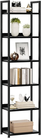 NUMENN Narrow Bookshelf, 6 Tier Bookshelves, Home Office Bookcase Shelf Storage Organizer, Free Standing Storage Shelving Unit for Bedroom, Living Room and Home Office, Black