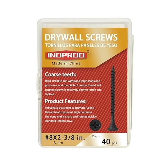 Coarse Thread Drywall Screw, #8 x 2-3/8", Black Phosphate Coated, Bugle Head Phillips Drive, Fast Self Tapping, Sharp Point, Ideal Screw for Drywall Sheetrock, Wood, and More, 40 Pieces