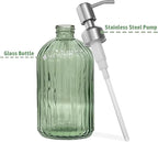 14Oz Green Soap Dispenser Bathroom - 2 Pack, Clear Glass Hand Soap Dispensers with Stainless Steel Pump, Refillable Dish Soap Dispenser with Funnel for Kitchen, Countertop Soap Dispensers