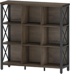 FATORRI 9 Cube Storage Bookshelf, Modern 4 Shelf Book Shelf, Wood and Metal Cubby Bookcase for Home Office (39.38 Inch W, Walnut Brown)