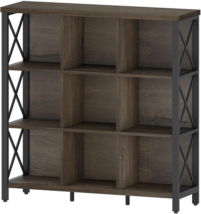 FATORRI 9 Cube Storage Bookshelf, Modern 4 Shelf Book Shelf, Wood and Metal Cubby Bookcase for Home Office (39.38 Inch W, Walnut Brown)