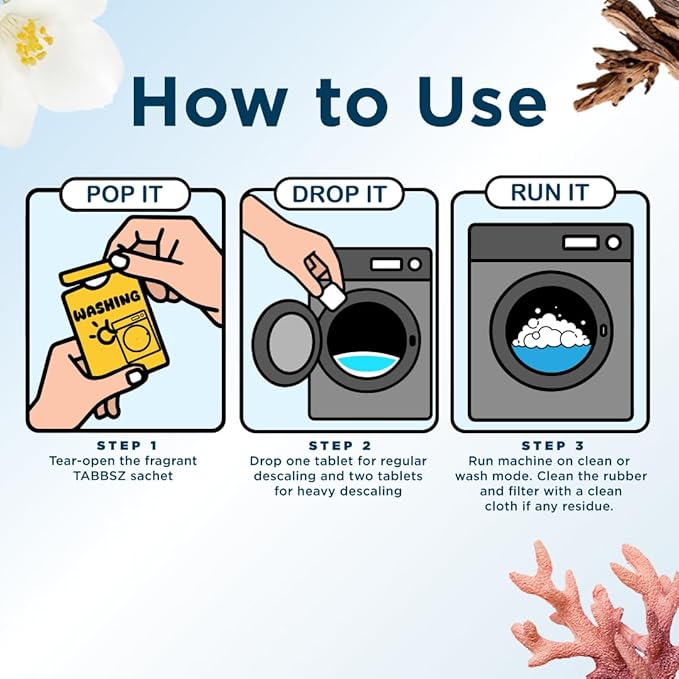 Washing Machine Descaler Tablets | Eco-Friendly & Non-Toxic Plant-Based Descaling Formula | 10X Deep Cleaning | Protects Drum & Removes Limescale | Jasmine - Pack of 4