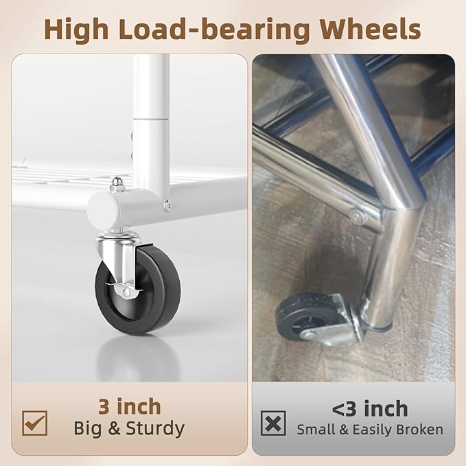 EAGMAK Heavy Duty Clothes Rack Load 556 LBS, Rolling Clothing Rack With Shelves, Height Adjustable Metal Clothes Hanger with Wheels Portable Wardrobe Organizer Garment Rod for Hanging Clothes (White)