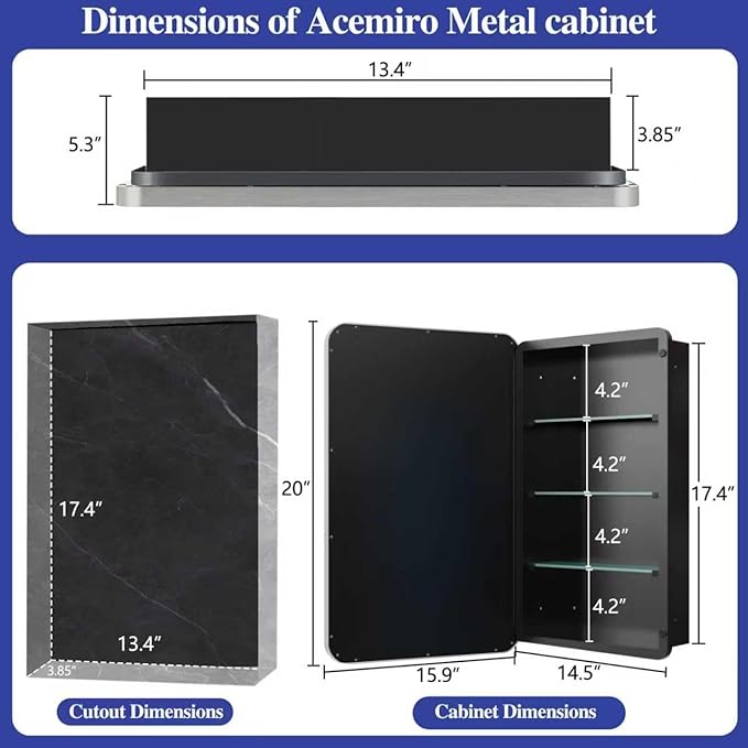 Bathroom Medicine Cabinet,16"x20" Mirror Door with Stainless Steel Brush Nickel Frame,Recessed & Surface Wall Cabinet with Removable Glass Shelves, Rust-Resistant Bathroom Storage Cabinet