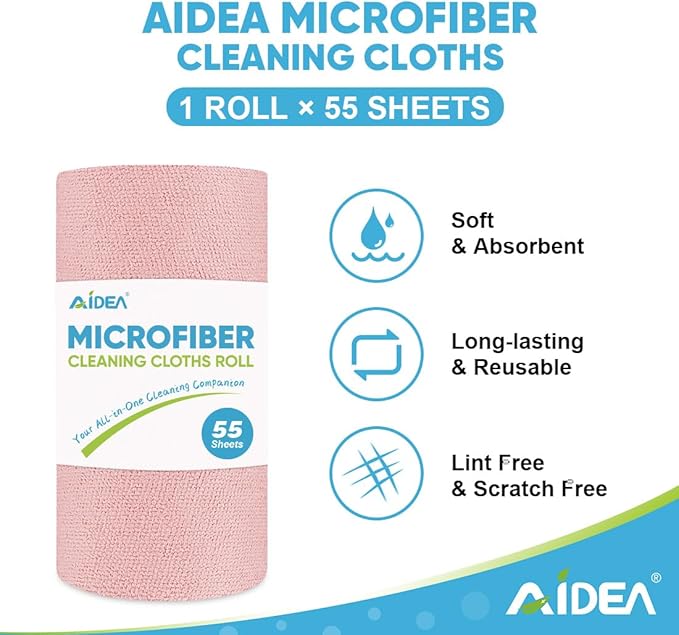 AIDEA Microfiber Cleaning Cloth 165 Sheets 3 Roll, Pink, Microfiber Towels for Cars, Shop Towels, Shop Rags Washable,Cleaning Rags Reusable Paper Towels for Automotive, Workshops, House,11×9"
