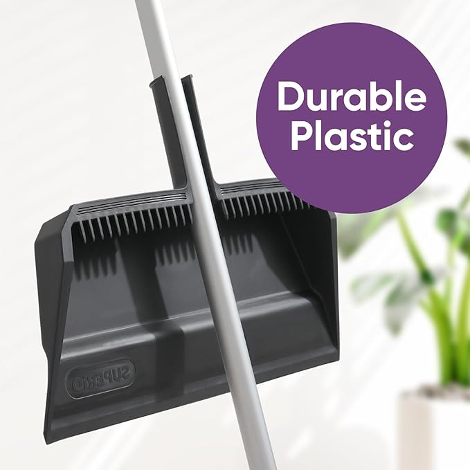 Superio 3-Pack Wide Plastic Dustpan with Comb - 16" Wide, Rubber Lip, Broom Handle Clip, Grey