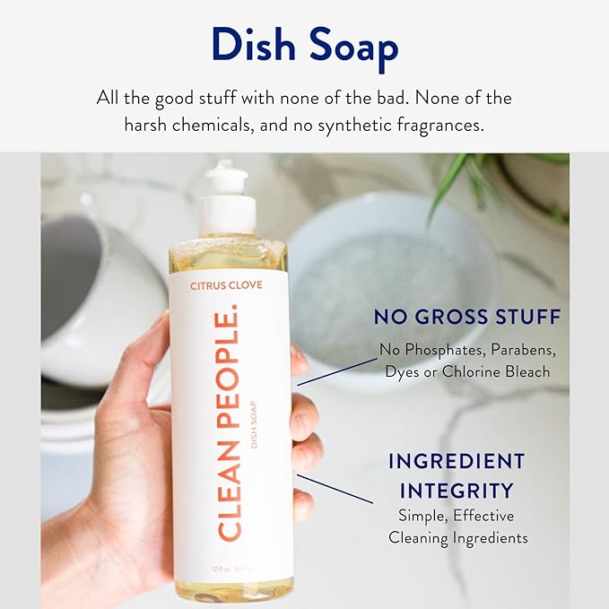 THE CLEAN PEOPLE Liquid Dish Soap - Clean, Simple Ingredients - Extra Scrubbing Power (Citrus Clove Scent) 12 fl. oz (6 Pack)