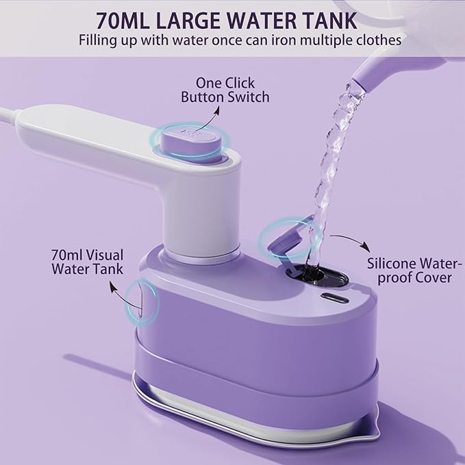 Travel Steam Iron, 180 °Rotating Handle Foldable Hanging Ironing Machine, Portable Mini Dual-Purpose Steam Iron for Both Dry and Wet Use, Essential for School Dormitories & Business Trips (Purple)