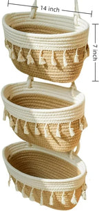 Hanging Baskets for Organizing,3-Tier Woven Cotton Wall-Mounted Storage Organizer Bag Decorative,Kitchen,Living Room,Bedroom,Nursery