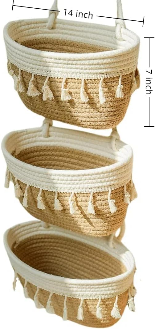 Hanging Baskets for Organizing,3-Tier Woven Cotton Wall-Mounted Storage Organizer Bag Decorative,Kitchen,Living Room,Bedroom,Nursery