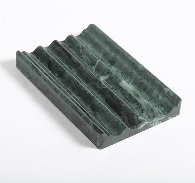 Soap Holder, Marble Soap Dish for Shower, Green Bar Soaps Holder with Water Ripple Design, Easy Cleaning Soaps Saver for Kitchen Sink，Bathroom, Executive Indian Natural Stone Soap Tray