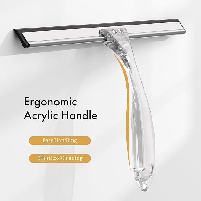 AmazerBath Shower Squeegee for Glass Doors, All-Purpose Squeegee with Suction Hook & Adhesive Hook, Clear Squeegee for Shower Glass, Windows, Mirrors, Tiles and Car Windows - 12 Inches, Clear