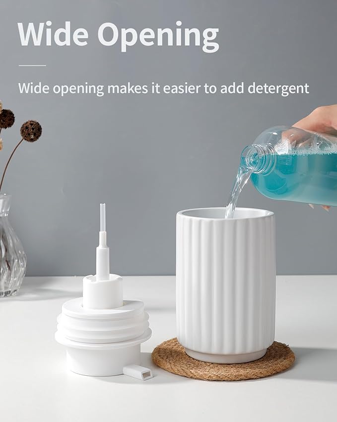 Foaming Soap Dispenser, White Ceramic Refillable Foam Hand Soap Pump for Bathroom Kitchen, 10.5OZ Lotion Dispenser, Foaming Dish Soap Dispenser, Modern Stripe Design, ANTIS'S HOME