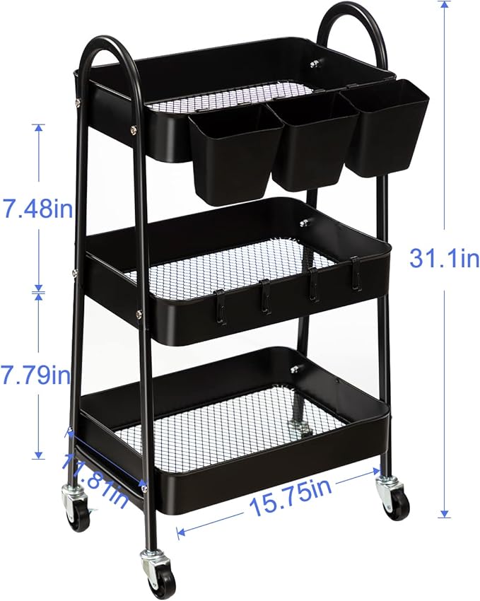 danpinera 3-Tier Rolling Cart, Metal Rolling Storage Cart with Lockable Wheels & Hanging Cups & Hooks, Mobile Trolley Cart for Kitchen, Bathroom, Office, Workshop, Black