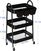 danpinera 3-Tier Rolling Cart, Metal Rolling Storage Cart with Lockable Wheels & Hanging Cups & Hooks, Mobile Trolley Cart for Kitchen, Bathroom, Office, Workshop, Black