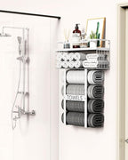 Towel Racks for Bathroom Wall Mounted - Bath Wall Towel Holder Set Above Toilet Storage, Rolled Towel Shelf Organizer for Small Bathroom All White, Wood Vertical Towel Rack for Bathroom Wall Decor