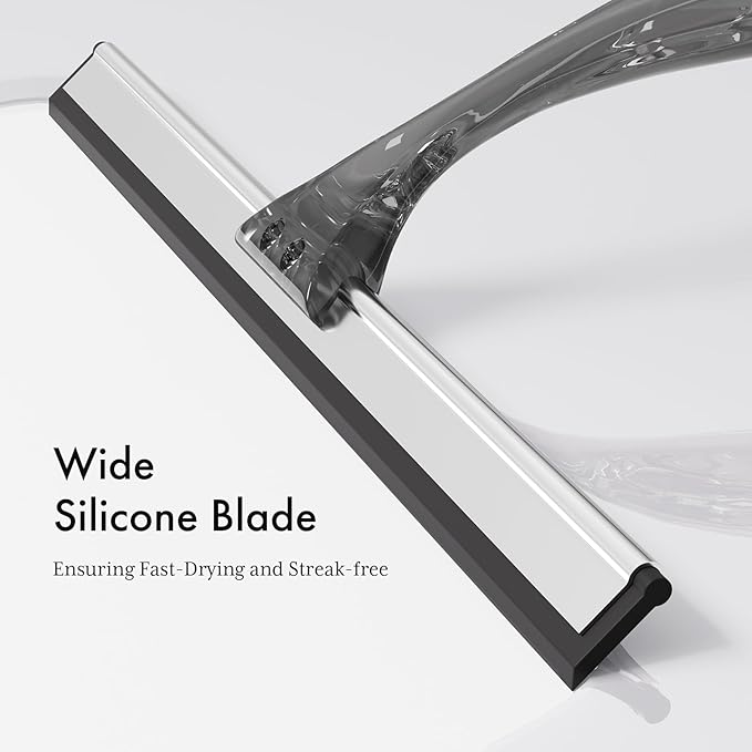 AmazerBath Shower Squeegee for Glass Doors, All-Purpose Squeegee with Suction Hook & Adhesive Hook, Squeegee for Shower Glass, Windows, Mirrors, Tiles and Car Windows - 12 Inches, Clear Black