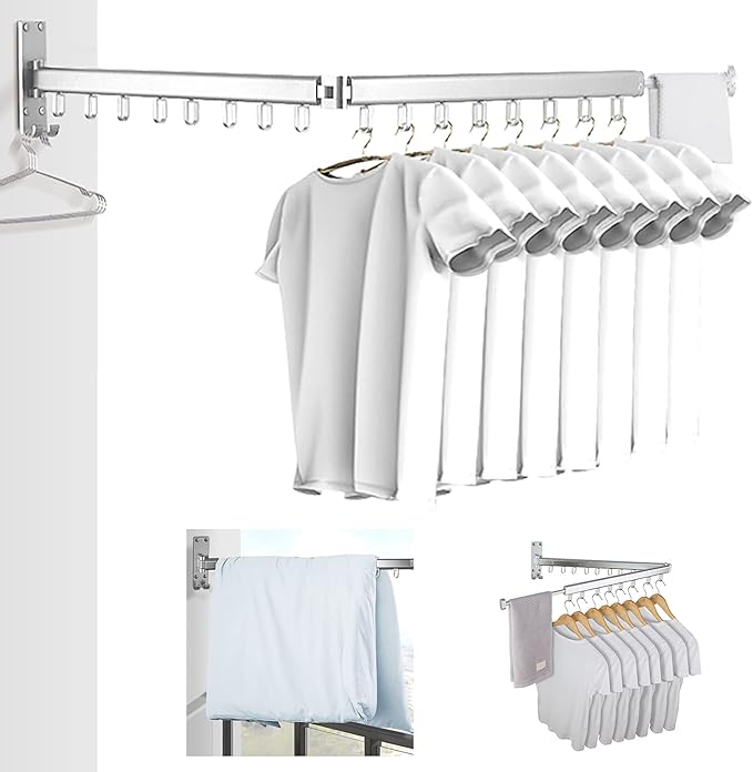 BESTHLS Wall Mounted Clothes Drying Rack for Space Saver Hangers Design for Balcony, Mudroom, Bedroom Foldable Laundry Rack (2-Pole Silver)