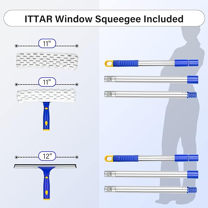ITTAR Window Squeegee with 2 Sets Stainless Steel Pole, Squeegee Cleaning Tools with Microfiber Pads, 60"-72" Telescopic Window Washing Kit, Professional Squeegee Cleaner for Home Car Outside Glass